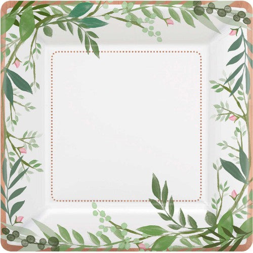 Elegant pack of 8 square metallic plates with love and leaves design, perfect for stylish dining at special occasions.