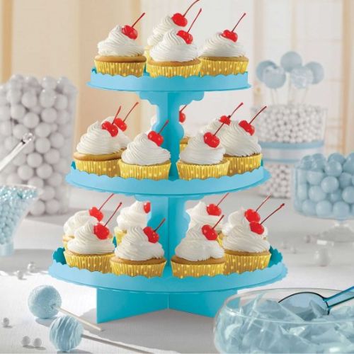 3 Tier Cupcake Treat Stand in Caribbean Blue, perfect for displaying desserts at parties, weddings, and special occasions.