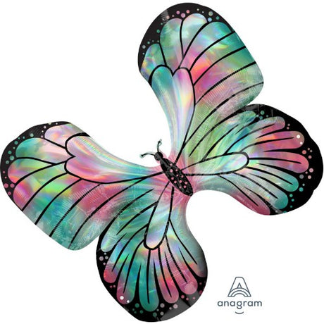 Holographic teal and pink butterfly balloon, 76cm x 66cm, perfect for adding charm to celebrations and photo backdrops.