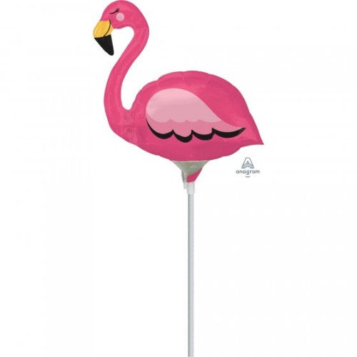 Vibrant Mini Shape Flamingo A30 foil balloon, perfect for tropical-themed celebrations and easy to set up with a cup and stick.