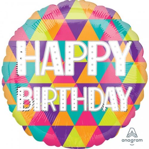 Vibrant 45cm foil balloon with colorful triangles, perfect for festive birthday celebrations and reusable for future events.