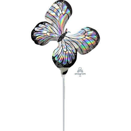 Mini holographic foil balloon shaped like a butterfly, perfect for parties and celebrations, featuring a dazzling iridescent effect.