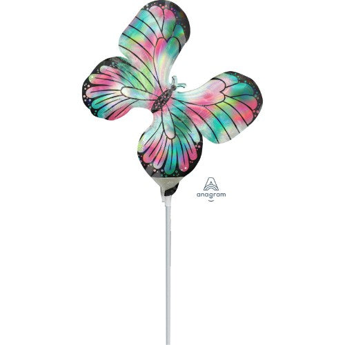 Holographic teal and pink butterfly foil balloon, perfect for parties and enchanting décor, durable and eye-catching.