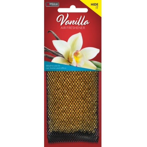 Discreet vanilla-scented air freshener sachet for under seats in cars, boats, homes, or offices, ensuring long-lasting freshness.