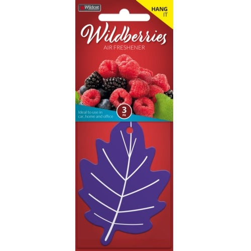 Whimsical leaf-shaped air fresheners in wildberry scent, ideal for refreshing cars, boats, offices, and homes. Pack of 3.