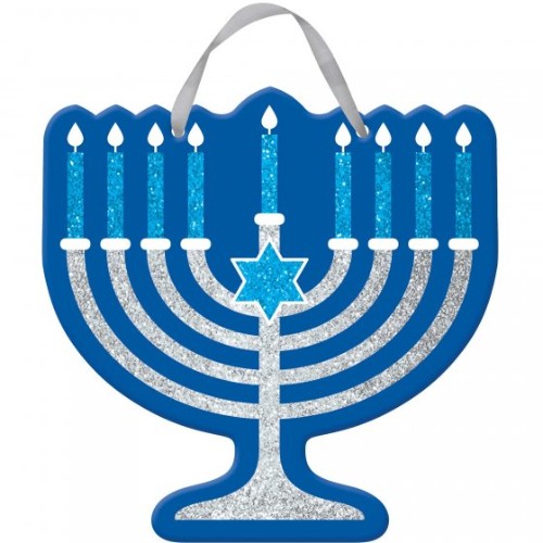 Glittery Hanukkah hanging sign, 29cm x 29cm, perfect for festive indoor or outdoor decor, welcoming family and friends.