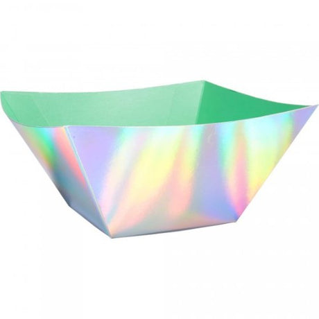 Shimmering iridescent paper serving bowls, 20.3cm, perfect for stylishly serving snacks at celebrations. Pack of 3.