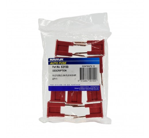 50 Amp male fuse link plugs in a pack of 10, ideal for automotive, industrial, and marine electrical connections.