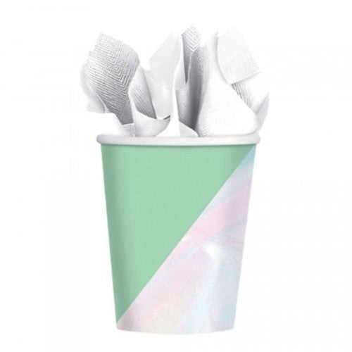 Pack of 8 iridescent paper cups, 12oz, perfect for stylish parties and events, reflecting light for a glamorous touch.