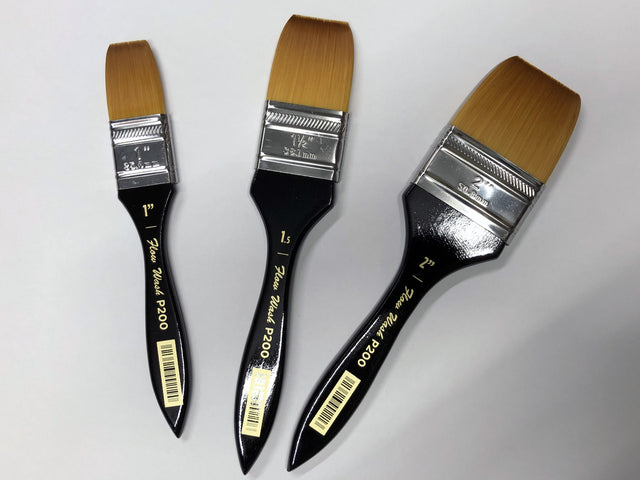 "SP200 Flow Wash Brush 1.5" with synthetic Taklon filament for excellent color holding and dynamic painting strokes."