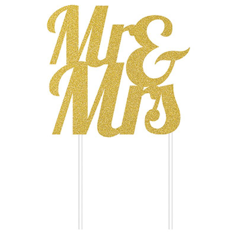 Gold glittered "Mr & Mrs" cardboard cake topper, 24cm x 18cm, perfect for weddings and celebrations.