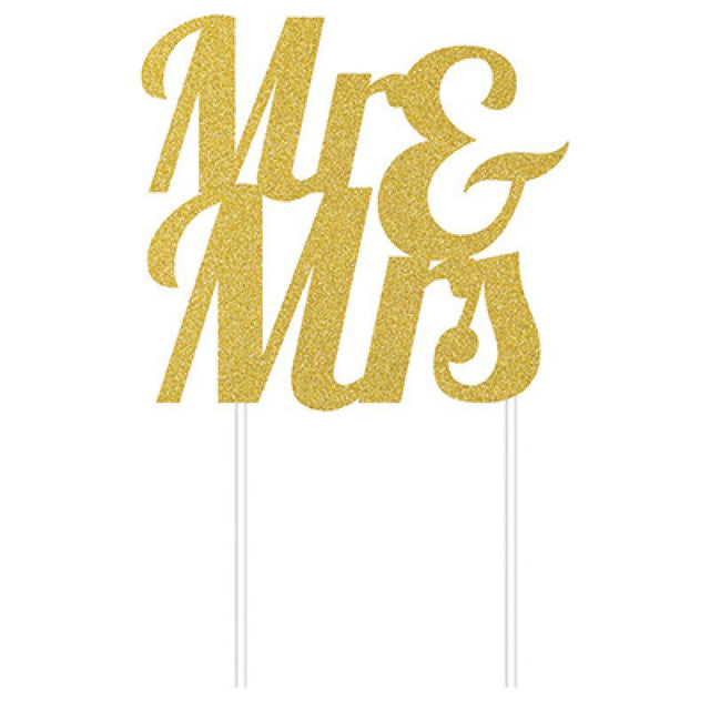 Gold glittered "Mr & Mrs" cardboard cake topper, 24cm x 18cm, perfect for weddings and celebrations.