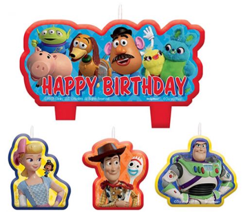 Brightly colored Toy Story 4 birthday candles featuring four iconic characters for festive cake celebrations.