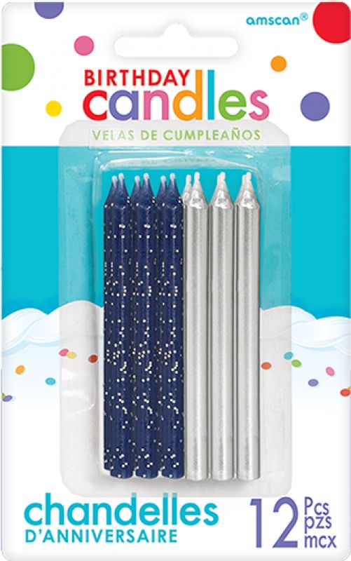 Glitter & metallic silver & blue candles (8cm, pack of 12) perfect for enhancing celebrations with elegance and sparkle.