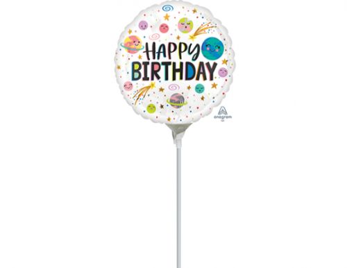 Vibrant 22cm Smiling Galaxy Happy Birthday foil balloon with intergalactic design, perfect for joyous celebrations.