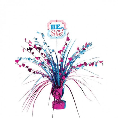 "Colorful 18-inch foil spray centerpiece for baby showers and gender reveals, adding charm and conversation to celebrations."