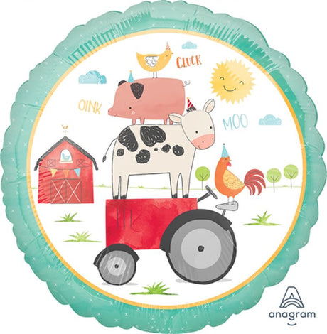 Vibrant 45cm self-sealing foil balloon featuring adorable farm animals for a perfect barnyard-themed birthday celebration.