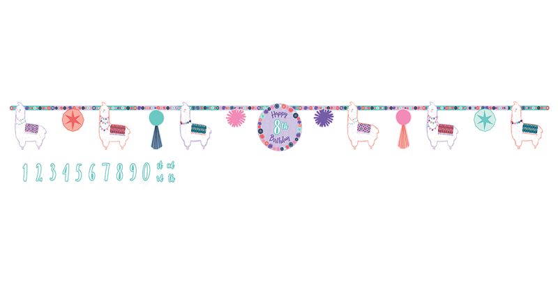 Colorful Llama Fun Jumbo Birthday Banner, 3m long with 24 customizable age pieces for festive celebrations.