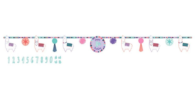 Colorful Llama Fun Jumbo Birthday Banner, 3m long with 24 customizable age pieces for festive celebrations.