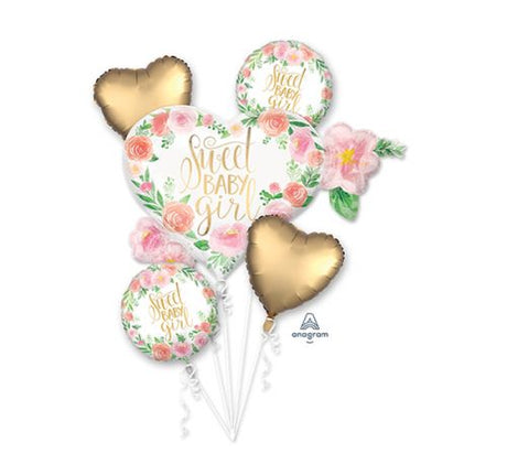 Floral Sweet Baby Girl foil balloons pack of 5, featuring one unique shape and four 45cm balloons for celebrations.