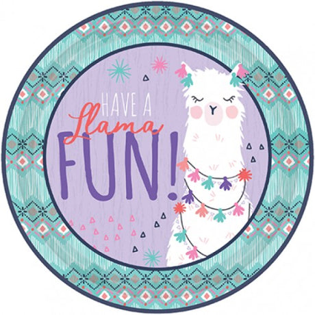 Colorful Llama Fun Round Lunch Plates, 9 inches, pack of 8, perfect for parties and casual gatherings.