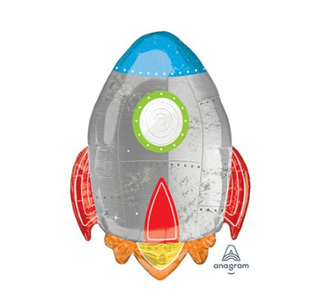 Vibrant 53cm x 73cm foil rocket balloon, perfect for space-themed birthday celebrations and decorations.