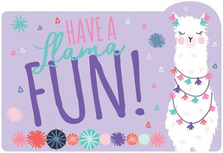 Colorful Llama Fun Postcard Invitations set, perfect for birthdays and baby showers, includes envelopes, seals, and stickers.