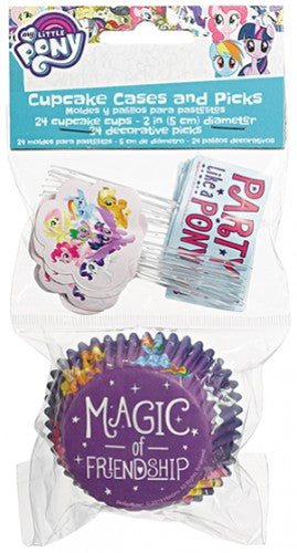 Colorful My Little Pony cupcake cases and themed picks, perfect for kids' birthday parties and celebrations, pack of 48.