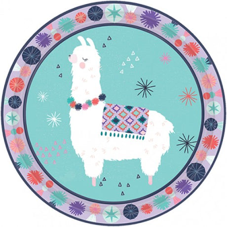 Vibrant llama-themed round plates, 7"/17.7cm, perfect for parties, serving snacks, and hassle-free cleanup. Pack of 8.