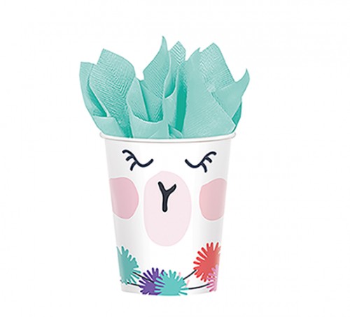 Vibrant 9oz Llama Fun Cups, pack of 8, perfect for kids' parties with cheerful designs and durable material.