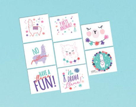 Colorful pack of 8 temporary tattoos featuring cute llamas, perfect for parties and fun keepsakes.