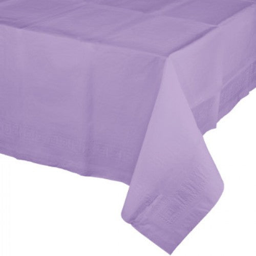 Elegant lavender tablecover with tissue top and plastic backing, perfect for protecting tables at any event.