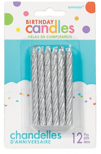 Pack of 12 large silver spiral glitter birthday candles, perfect for adding sparkle to any cake celebration.