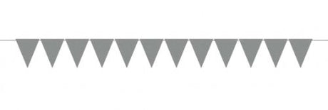 Mini silver paper pennant banner, 3.8m long with 10cm x 12cm pennants, perfect for festive celebrations and decor.