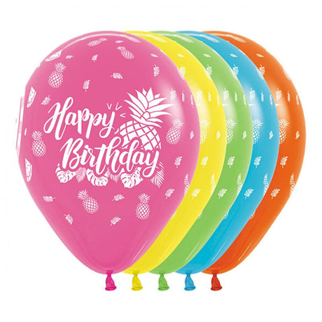 Vibrant 30cm tropical balloons with 'Happy Birthday' design, perfect for festive celebrations (Pack of 12).