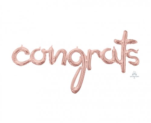 Rose gold 'Congrats' foil balloon, 142cm x 71cm, ideal for celebrations, easy self-sealing, air fill only.