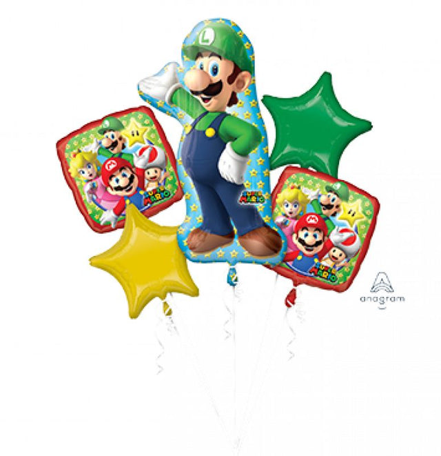 Super Mario Brothers Luigi foil balloon bouquet with 1 shaped Luigi balloon and 4 standard balloons for festive celebrations.