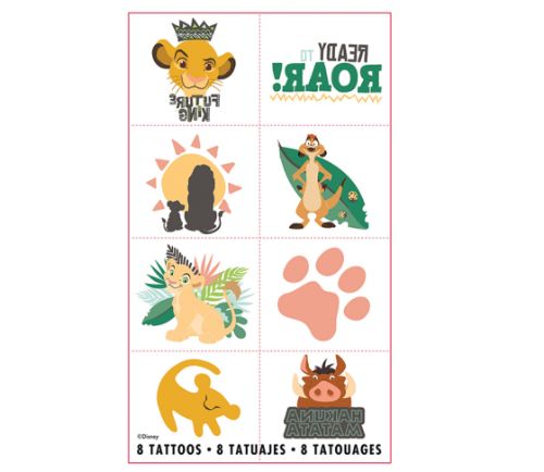 Colorful pack of 8 temporary Lion King tattoos featuring Simba, Mufasa, and Rafiki, perfect for kids' parties and celebrations.