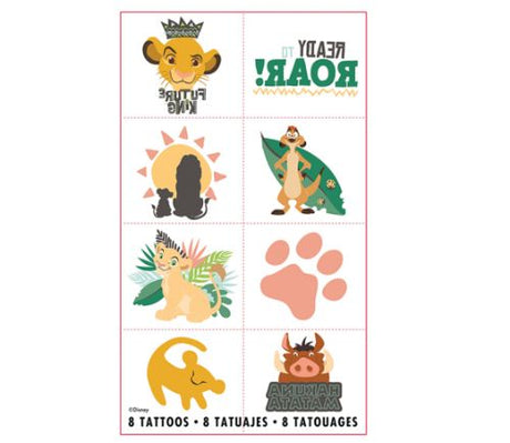 Colorful pack of 8 temporary Lion King tattoos featuring Simba, Mufasa, and Rafiki, perfect for kids' parties and celebrations.