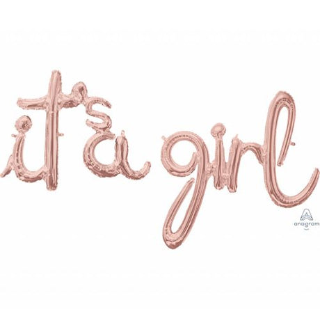 Rose gold foil balloon with 'It's a Girl' message, perfect for celebrating baby girls at baby showers or gender reveal parties.