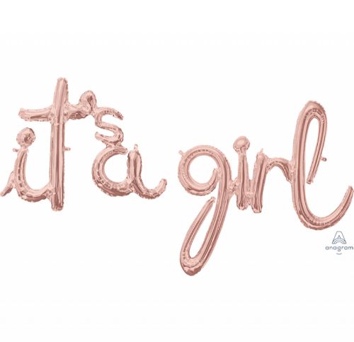 Rose gold foil balloon with 'It's a Girl' message, perfect for celebrating baby girls at baby showers or gender reveal parties.