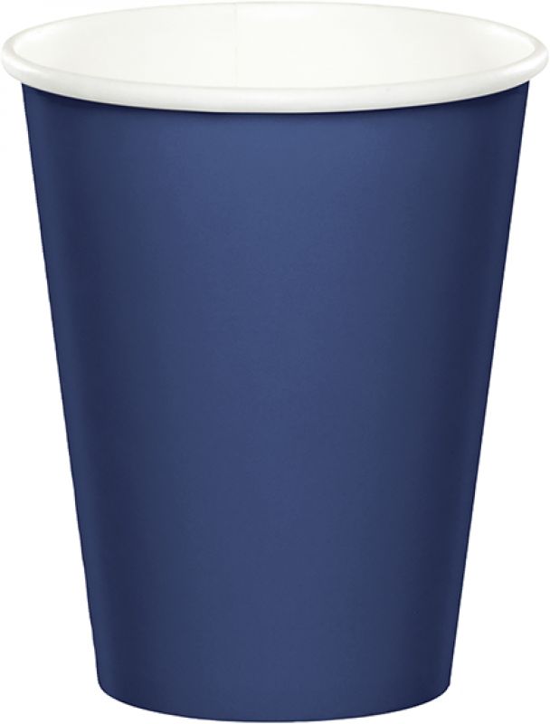 Navy blue disposable paper cups, 266ml capacity, pack of 24, suitable for hot and cold beverages, stylish and recyclable.