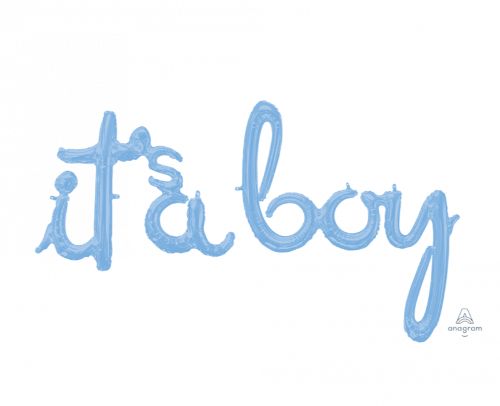 Pastel blue foil balloon reading "It's a boy," perfect for baby showers, measuring 68cm x 50cm, self-sealing for easy use.