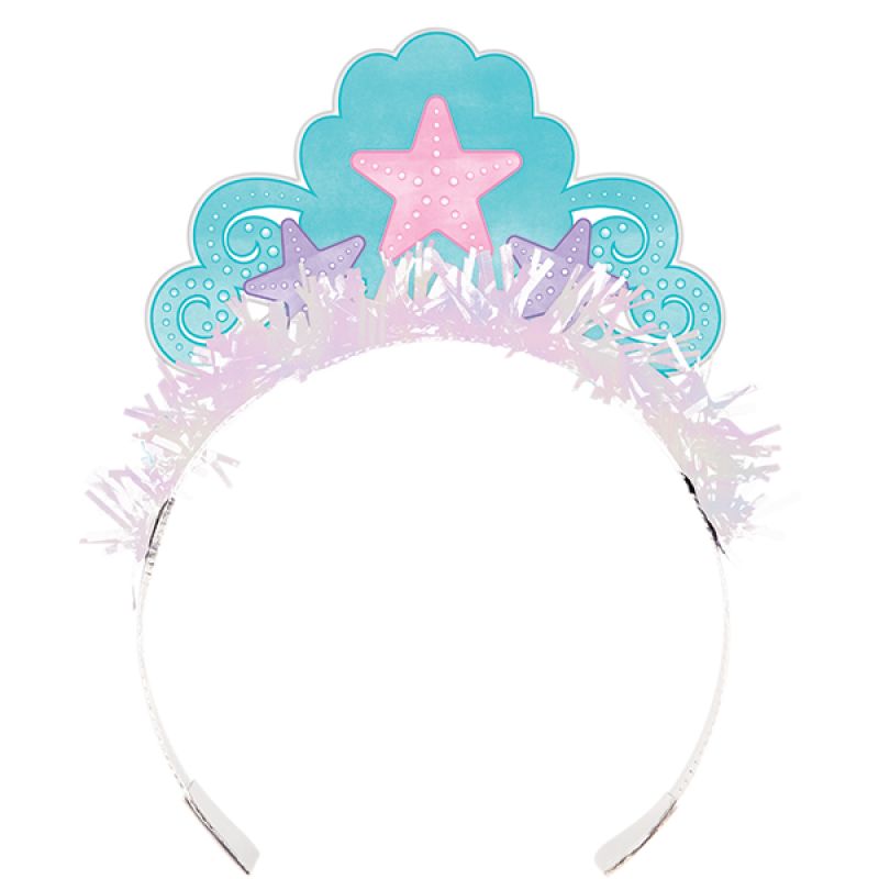 Pack of 8 iridescent mermaid tiaras with fringed design, perfect for parties and dress-up play.