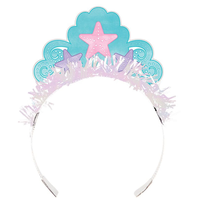 Pack of 8 iridescent mermaid tiaras with fringed design, perfect for parties and dress-up play.