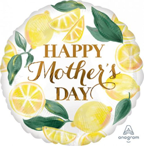 Vibrant 45cm foil balloon featuring cheerful lemon design for celebrating Mother's Day with love and joy.