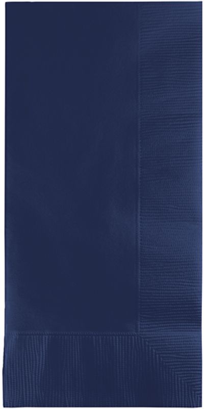 Navy blue 2-ply dinner napkins in a pack of 50, measuring 40cm x 40cm, ideal for elegant dining occasions.