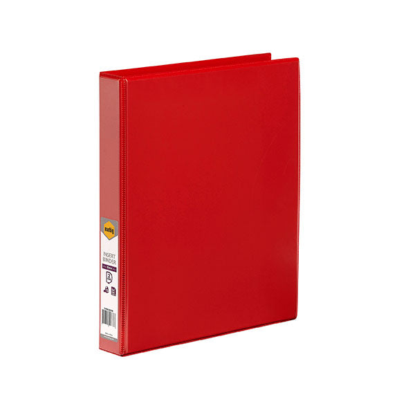 Red A4 binder with 2 rings, acid-free cover, non-glare overlay for customization, and interior pocket for notes.