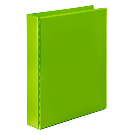 Bright lime green A4 binder with a clear overlay, 2-ring design, made from recycled materials, perfect for organizing documents.