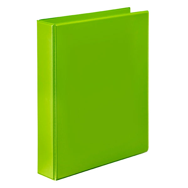 Bright lime green A4 binder with a clear overlay, 2-ring design, made from recycled materials, perfect for organizing documents.